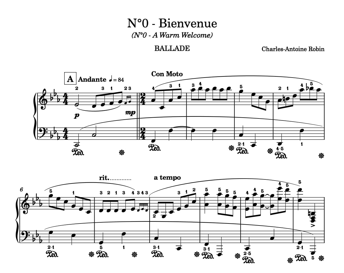 Bienvenue — partition originale pour piano, première page