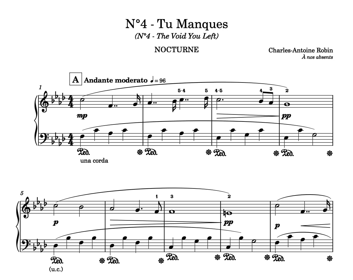Tu Manques — partition originale pour piano, première page